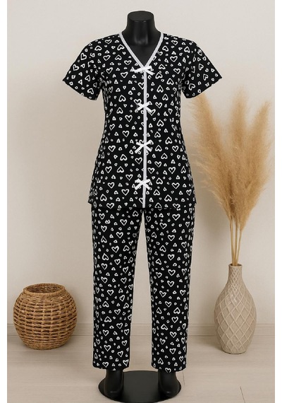 Fantezia Night Kadın Siyah Beyaz Kalp Desenli Fiyonklu Kısa Kollu Pijama Takımı