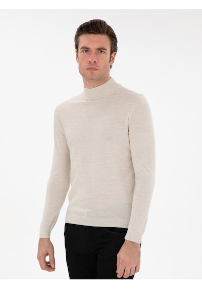 Cacharel Bej Slim Fit Yün Karışımlı Yarım Balıkçı Yaka Basic Triko Kazak