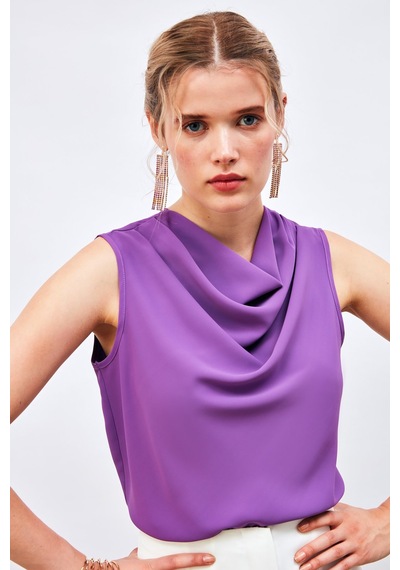 Sateen Degaje Yaka Kolsuz Bluz - Mor