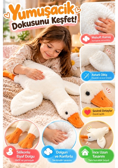 Beyaz Peluş Ördek 50 Cm Yumuşak Welsoft Kumaşlı Sevimli Oyuncak Sarılmalık Uzun Ördek Çocuklar İçin