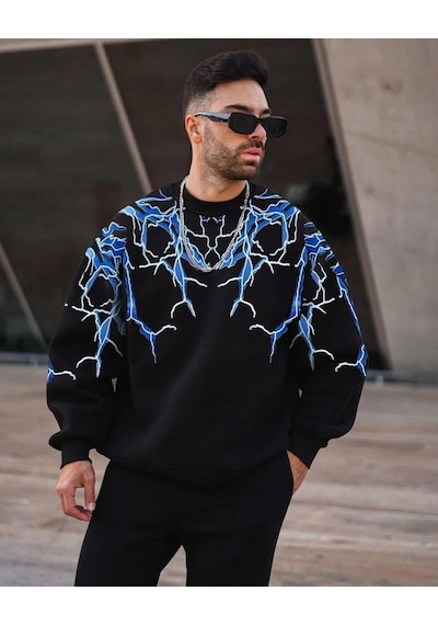 Barlashive Erkek Yıldırım Baslılı Bisiklet Yaka 3 İplik Pamuklu Sweatshirt - Siyah Çok Renkli