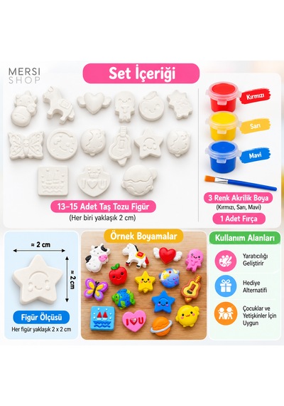 Kendin Boya Minik Figür Boyama Seti 2 Cm Taş Tozu Figürler 3 Renk Boya Ve Fırça