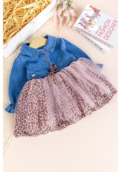Babymod Denim Leopar Desenli Şık Özel Gün Kız Bebek Elbise Pembe