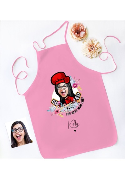 Bk Gift Kişiye Özel Karikatürlü Anneler Günü Tasarımlı Pembe Mutfak Önlüğü, Aşçı Önlüğü, Şef Önlüğü, Anneye -9 Bej