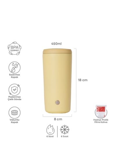 Sarı Mat Dokulu Paslanmaz Çelik Termos 450 Ml Kapaklı No:141