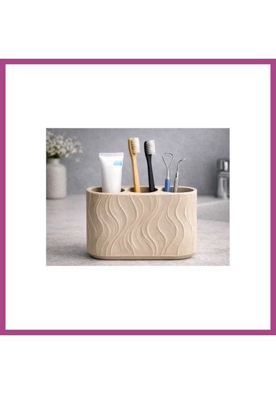 Gees Global 3d Baskı Üç Bölmeli Diş Fırçalık Dalga Desenli Banyo Organizeri Minimalist Diş Fırçası Tutucu Bej Gbzs