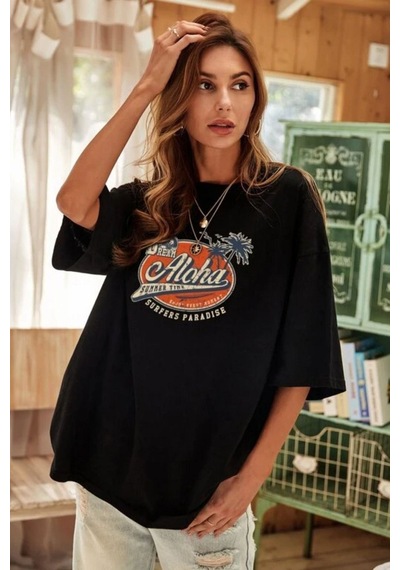 Blackjack Giyim Blackjackgiyim Siyah Oversize Aloha Baskılı Tshirt Siyah