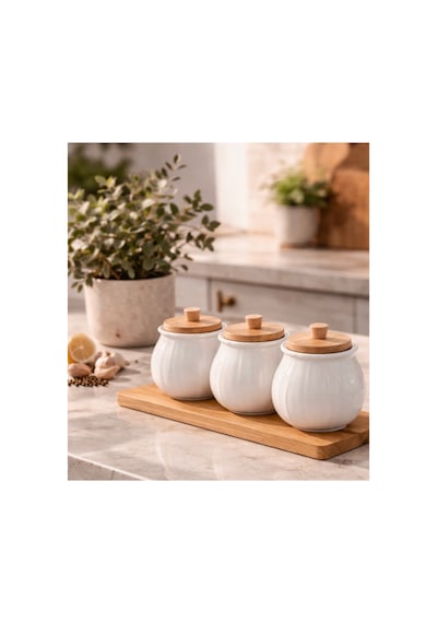 3 Lü Bambu Standlı Porselen Baharatlık Set Baharat Saklama Kavanoz Takımı Diğer