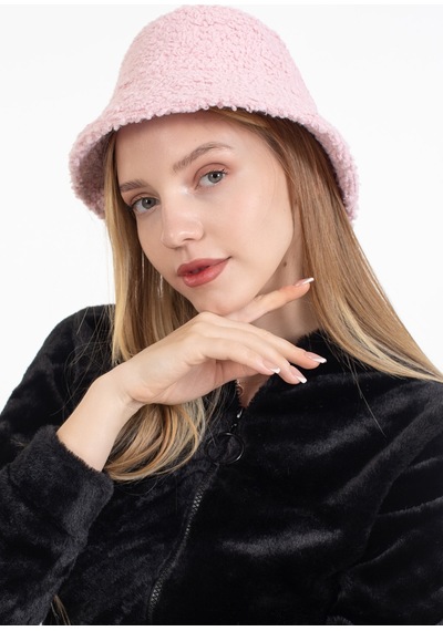 Ladycolor Kadın Kışlık Şapka Kıvırcık Peluş Kumaş Bucket Modeli Pudra Pudra