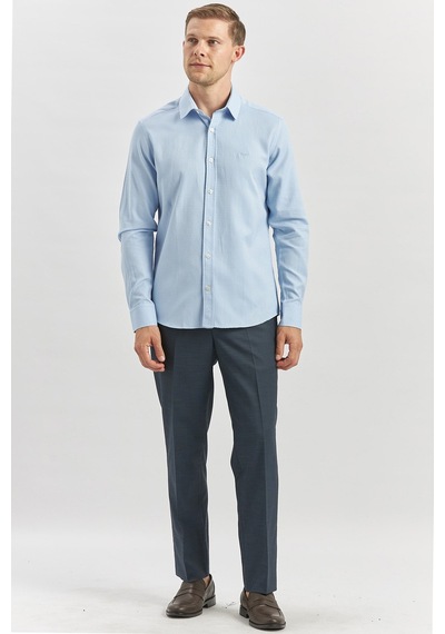 İmza Mavi Uzun Kol Kendinden Desenli Armürlü 032 Sert Yaka Casual Slim Fit Gömlek 1004240249 Mavi