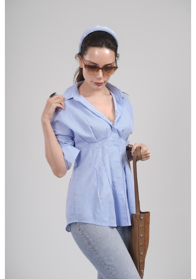 Mayrem Kadın Mavi Çizgili Bel Oturtmalı Oversize Gömlek Bluz