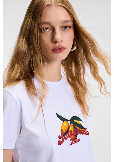 ETHIQUET E VERA Kadın %100 Pamuk Comfort Fit Baskılı Kısa Kollu Yuvarlak Yaka Beyaz T-Shirt