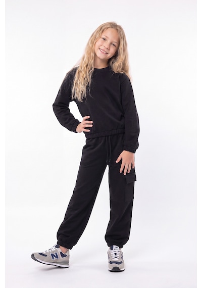 Fyk Kids 3 İplik Kız Çocuk Düz Kısa Bel Sweatshirt Bisiklet Yaka Eşofman Takımı Siyah