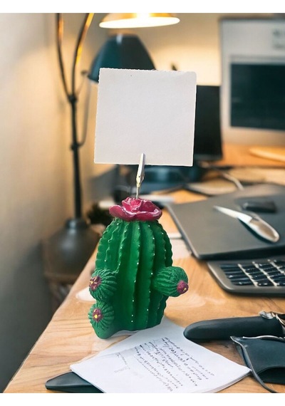 Koyu Pembe Çiçek Desenli Kaktüs Obje Fotoğraf Not Tutucu Ofis Masası Tutacak Hediyelike Pembe Yeşil