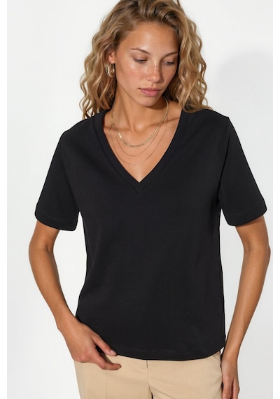 Hiccup Busem V Yaka Düz Regular Fit Pamuk T-shirt Siyah