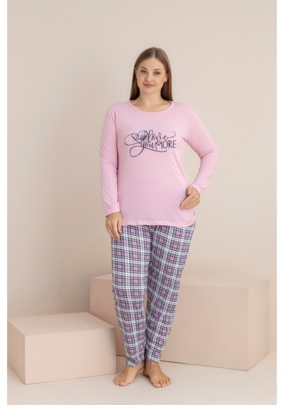Rindahomewear Büyük Beden Süprem Uzun Kol Pijama Takımı Pembe1