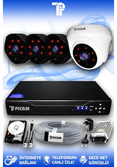 Picam 4 Kameralı Uzay 1 İç Kamera Set 500 GB HDD Full HD Gece Görüşlü Güvenlik Kamerası Sistemi