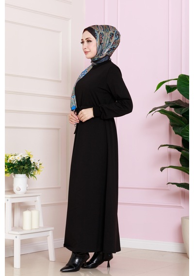 Sevitli Beli Tünelli İki İplik Elbise-siyah-4702 Siyah