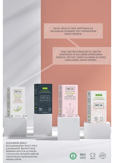INCIA %100 Doğal Roll On Deodorant Beyazlatıcı Ter Kokusu Önleyici Lekesiz 2 x 50 ML