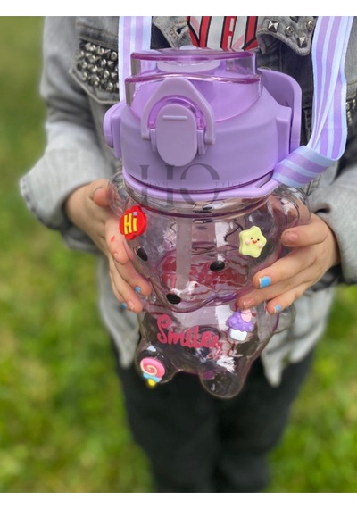Smile Ayıcık Model Su Matarası Su Şişesi Suluk 1000ml Bpa Içermez Suluk 3d Sticker Hediye Mor Plasti Diğer