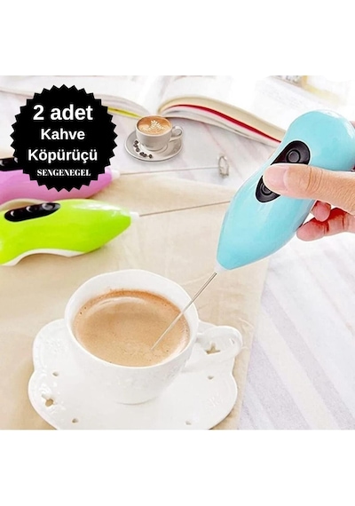 Sengenegel 2 Adet Mini Mikser Kahve Süt Köpürtücü Karıştırıcı Cappucino Mixer Pilli Çırpıcı Mavi