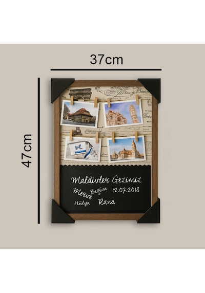 Kişiye Özel Ahşap Yazı Tahtalı İpli Duvar Fotoğraf Çerçevesi 37x47 Cm Mandallı Hasır İpli Fotoğraf Panosu Siyah
