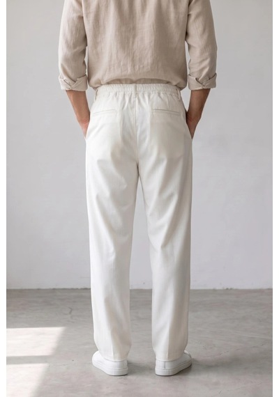 DefyModa Erkek Rahat Kesim Çift Pileli Beli Lastikli Pantolon Beyaz