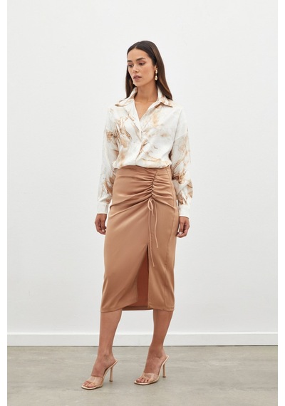 Sateen Büzgü Detaylı Saten Etek - Camel