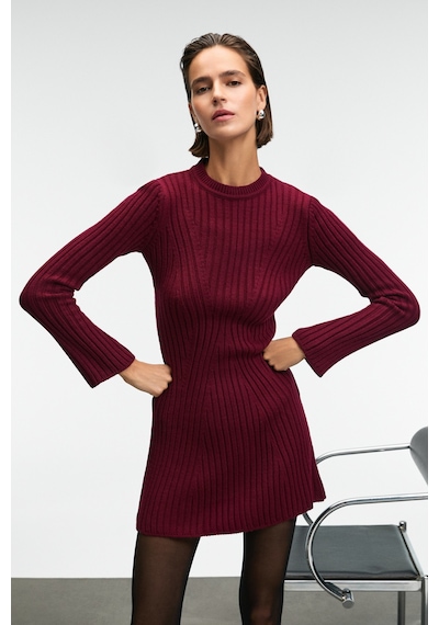 Grımelange ENCANTO Kadın Yuvarlak Yaka Çizgi Desenli Slim Fit Bordo Elbise