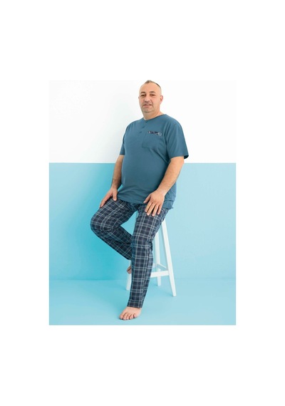 Aydoğan Erkek Dinç Büyük Beden Koton Kısa Kol Turkuaz Pijama Takım 0008 Turkuaz