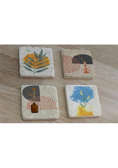 Soyut Çiçek Yaprak Ve Objeler Doğal Taş Bardak Altlığı 4'lü Set - Natural Stone Coasters - Taş Çok Renkli