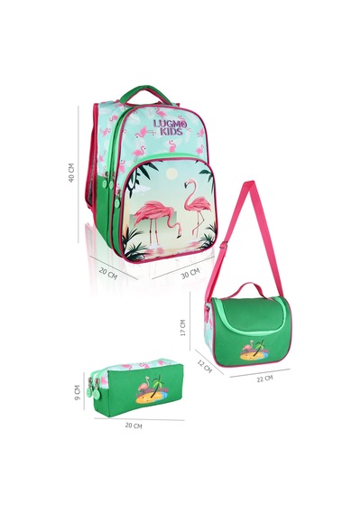 Lugmo Flamingo 3 Lü İlkokul Çanta Seti Kız Çocuk Çantası Astarlı Pedli Yeşil-pembe Yeşil