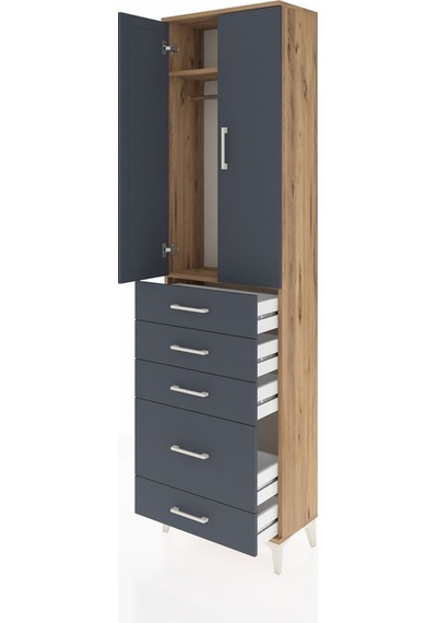 Arges Dolap 2 Raflı 5 Çekmeceli Tek Askılı 60x30x221 Çam-antr... Çam