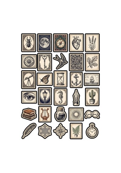 30 Adet Vintage Posta Pulu Gravür Sticker Seti - Ajanda Scrapbook Defter İçin Estetik Paket Çok Renkli