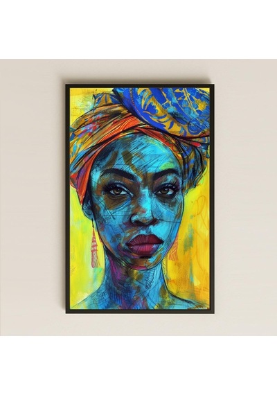 Afro Mavi Tonlarda Modern Sanatsal Kadın Portre Pvc Tablo