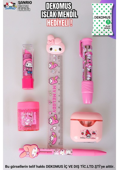 "dekomus Islak Mendil Hediyeli" Lisanslı My Melody 6 Parça Kırtasiye Seti Pods/kulaklık Tasarımlı Kalemtraş,cetvel,uçlu Kalem,ruj Silgi Altın
