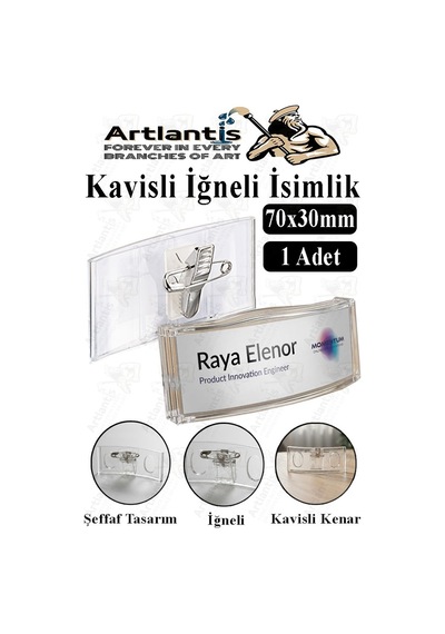 Şeffaf Kavisli İğneli İsimlik 1 Adet Dikdörtgen İsimlik 70x30cm Personel Yaka İsimliği Şeffaf Kavisli İsimlik Şirket