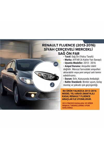 Renault Fluence 2013-2016 Siyah Çerçeveli Mercekli Sağ Ön Far 1 Adet