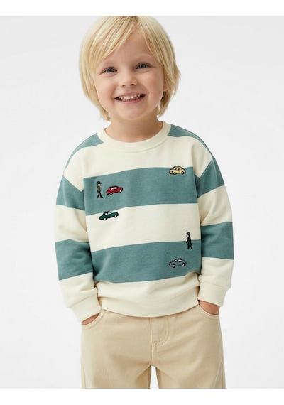 Koton Uzun Kollu Bisiklet Yaka Nakışlı Pamuklu Çizgili Sweatshirt Mavi Çizgili 6smb10112tk Mavi