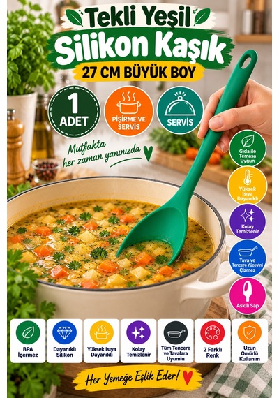 Tekli Yeşil Büyük Boy Silikon Kaşık 27 Cm Mutfak Yemek Pişirme Ve Servis Kaşığı Renkli Mutfak Gereci