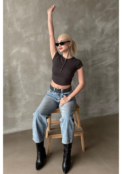 Madmext Füme Henley Çıt Kapamalı Kadın Tişört Mg2306 Füme