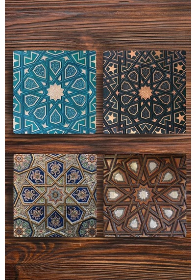 Doğal Taş Bardak Altlığı 4'lü Set Geometrik Desenler Çok Renkli