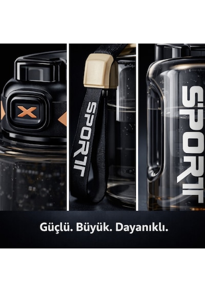 Polham 2 Litre Sporcu Su Matarası Pipetli Açılır Kapak,taşıma Askılı,sızdırmaz Tasarım, Bpa İçermez Siyah