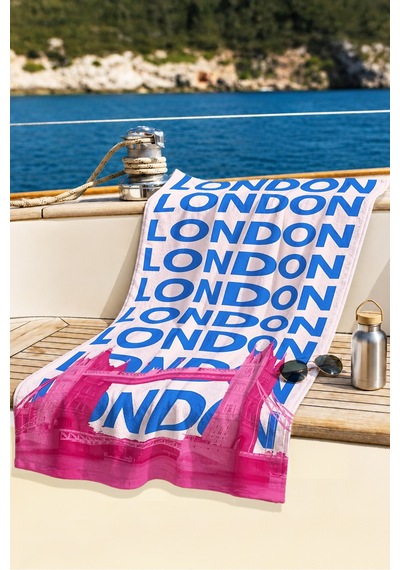 Londra Temalı Şehir Manzaralı Plaj Havlusu - Tipografik Pembe Mavi Hızlı Kuruyan Mikrofiber Havlu Donuk İncisi