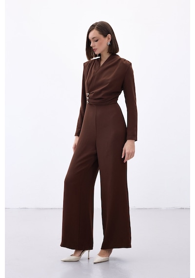 Sateen Fiyonk Aksesuarlı Krep Tulum - Kahve-136701 Kahve