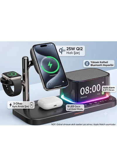 5 İ 1 Arada 25w Qi2 Kablosuz Şarj Standı Bluetooth Hoparlör Alarm Saat Led Gece Işığı