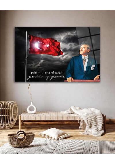 Türk Bayrağı Ve Atatürk Cam Tablo Vatanını En Çok Seven Modern Ev Ofis Salon Kurum Hediyelik Tablo