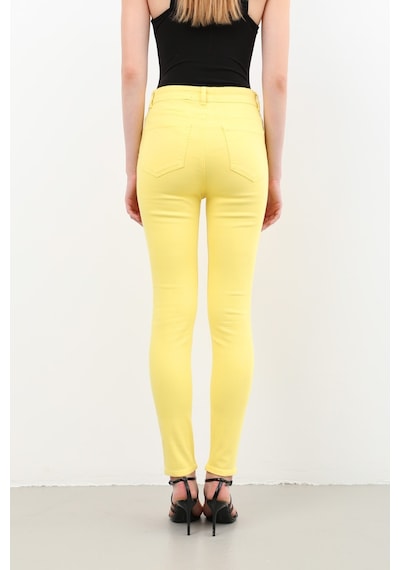 Kadın Yırtık Detaylı Jean Pantolon Sarı 001