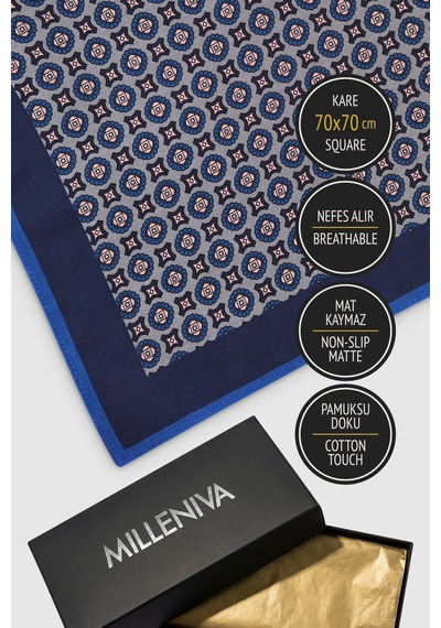 Milleniva Retro Motif Desenli Mavi Pembe 70x70 Soft Touch Mat Kare Fular Gri