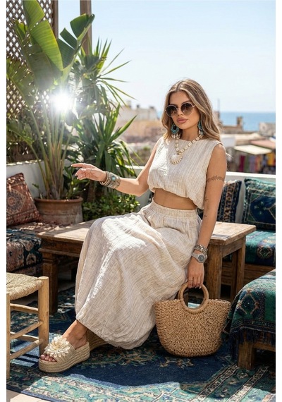 Fashion Cocktail Dökümlü Artisan Dokulu Hacimli Bel Lastikli Comfort Bohem Kolsuz Aksesuarsız Crop Etek İkili Takım Ekru Fashion Cocktail Dökümlü Artisan Dokulu Hacimli Bel Lastikli Comfort Bohem Kolsuz Aksesuarsız Crop Etek İkili Takım Ekru